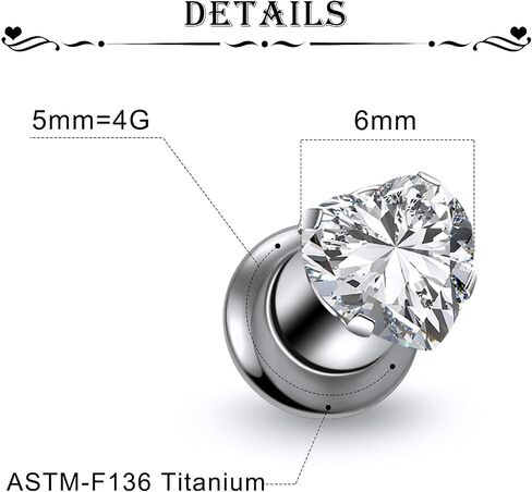 Astm F136 Titanium Heart CZ Ear Gauges Screw Fit Flesh Tunnels Plugs Gauges Earring Expander Stretcher Ear Tunnels For Ears 10G 8G 6G 4G 2G 0G 00G Plug Earrings Piercing Jewelry For Women Men in Saudi Arabia