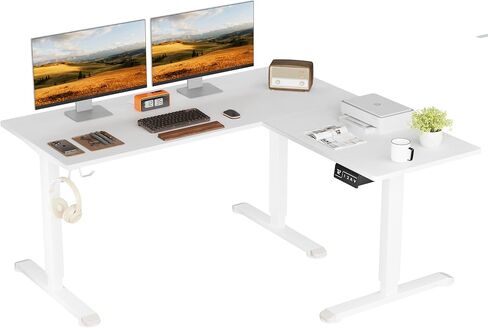 L-Shaped Electric Standing Desk, 63 x 48 Inches Height Adjustable Coner Table, Home Office Computer Workstation, White, 63 x 48 Inch in Kuwait