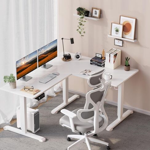 L-Shaped Electric Standing Desk, 63 x 48 Inches Height Adjustable Coner Table, Home Office Computer Workstation, White, 63 x 48 Inch in Kuwait