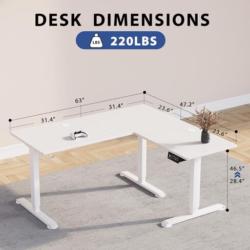 L-Shaped Electric Standing Desk, 63 x 48 Inches Height Adjustable Coner Table, Home Office Computer Workstation, White, 63 x 48 Inch in Kuwait