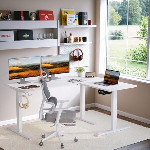 L-Shaped Electric Standing Desk, 63 x 48 Inches Height Adjustable Coner Table, Home Office Computer Workstation, White, 63 x 48 Inch in Kuwait