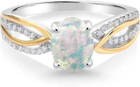 Gem Stone King 925 Sterling Silver and 10K Yellow Gold 8X6MM Oval Gemstone Birthstone and White Lab Grown Diamond Engagement Ring For Women | Available In Size 5, 6, 7, 8, 9 in Saudi Arabia
