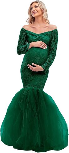 فستان حمل من ZIUMUDY لالتقاط الصور بدون أكتاف من الدانتيل مناسب للحمل فستان حورية البحر توتو بأكمام طويلة in Kuwait