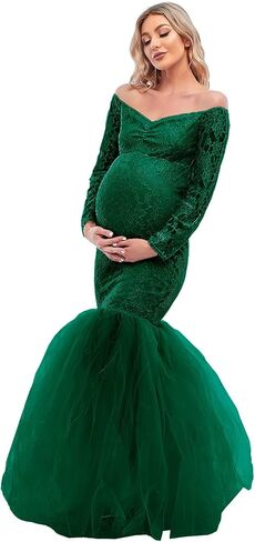 فستان حمل من ZIUMUDY لالتقاط الصور بدون أكتاف من الدانتيل مناسب للحمل فستان حورية البحر توتو بأكمام طويلة in Kuwait