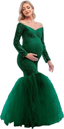 فستان حمل من ZIUMUDY لالتقاط الصور بدون أكتاف من الدانتيل مناسب للحمل فستان حورية البحر توتو بأكمام طويلة in Kuwait