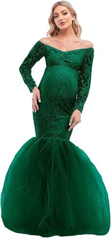 فستان حمل من ZIUMUDY لالتقاط الصور بدون أكتاف من الدانتيل مناسب للحمل فستان حورية البحر توتو بأكمام طويلة in Kuwait