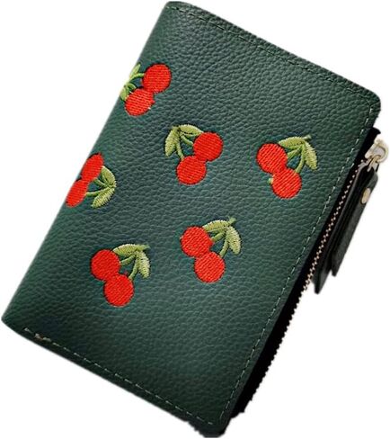 Fruit Cherry Embroidered Wallet Women Buckle Money Clip Simple Purse for Presents(Green) in Saudi Arabia