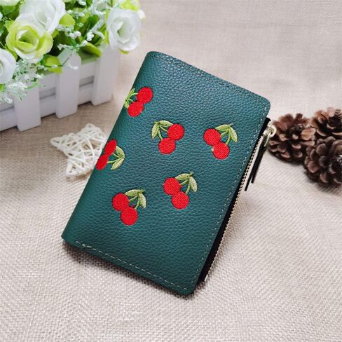 Fruit Cherry Embroidered Wallet Women Buckle Money Clip Simple Purse for Presents(Green) in Saudi Arabia