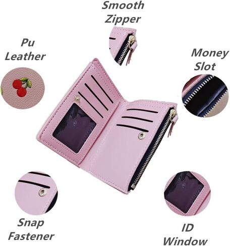 Fruit Cherry Embroidered Wallet Women Buckle Money Clip Simple Purse for Presents(Green) in Saudi Arabia