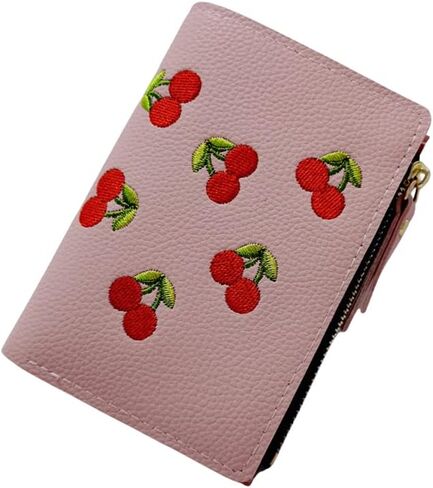 Fruit Cherry Embroidered Wallet Women Buckle Money Clip Simple Purse for Presents(Green) in Saudi Arabia