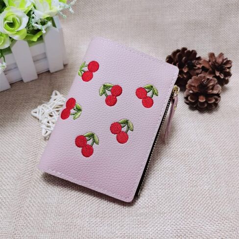 Fruit Cherry Embroidered Wallet Women Buckle Money Clip Simple Purse for Presents(Green) in Saudi Arabia