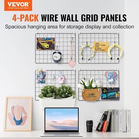 VEVOR Wire Wall Grid Panels, 4 Packs Wire Grid Panels for Photo Pictures Display, Wall Storage Organizer Metal Grid Wall Panel for Home Office Decor with Clips and Hooks, 11.8x15.7 inch in Saudi Arabia