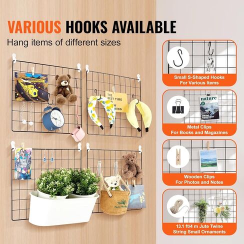 VEVOR Wire Wall Grid Panels, 4 Packs Wire Grid Panels for Photo Pictures Display, Wall Storage Organizer Metal Grid Wall Panel for Home Office Decor with Clips and Hooks, 11.8x15.7 inch in Saudi Arabia