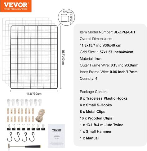VEVOR Wire Wall Grid Panels, 4 Packs Wire Grid Panels for Photo Pictures Display, Wall Storage Organizer Metal Grid Wall Panel for Home Office Decor with Clips and Hooks, 11.8x15.7 inch in Saudi Arabia