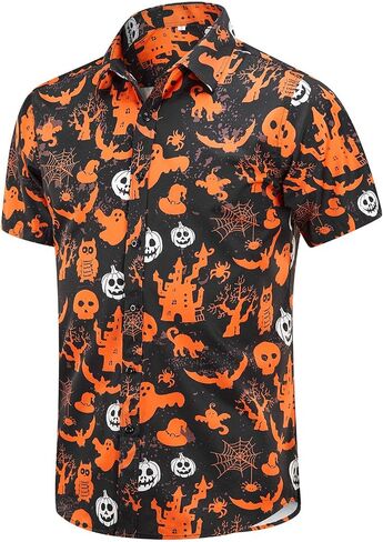EUOW Halloween Button Down Shirts for Men Fun Skeleton Printed Casual Short Sleeve Hawaiian Tropical Novelty Shirt in Saudi Arabia