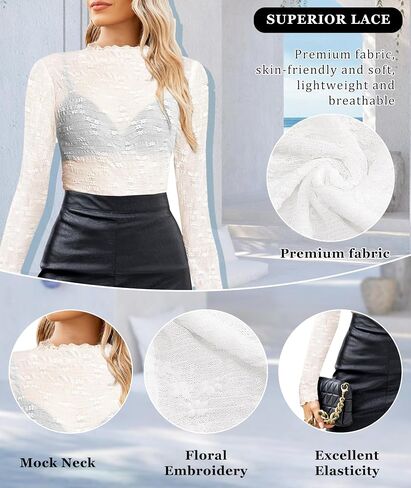 Womens Mesh Mock Neck Layering Tops Long Sleeve Floral Lace See Through Trendy Tee Shirt Blouse Tops in Saudi Arabia