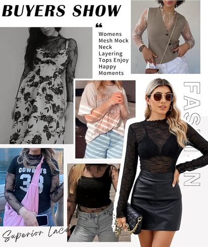Womens Mesh Mock Neck Layering Tops Long Sleeve Floral Lace See Through Trendy Tee Shirt Blouse Tops in Saudi Arabia