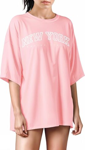 تي شيرت نسائي كبير الحجم من Treswear - تي شيرت فضفاض برقبة دائرية وأكمام قصيرة، بلوزة صيفية كاجوال، تي شيرت أساسي مريح in Kuwait