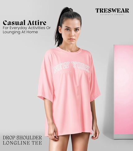 تي شيرت نسائي كبير الحجم من Treswear - تي شيرت فضفاض برقبة دائرية وأكمام قصيرة، بلوزة صيفية كاجوال، تي شيرت أساسي مريح in Kuwait