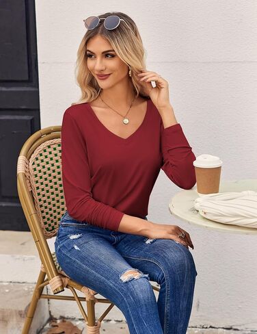 Zeagoo Womens T Shirts Long Sleeve V Neck Basic Tee Soft Casual Loose Fit Fall Tops Outfits 2024 in Saudi Arabia