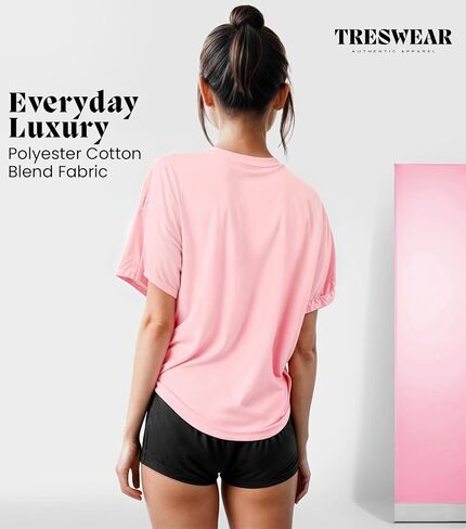 تي شيرت نسائي كبير الحجم من Treswear - تي شيرت فضفاض برقبة دائرية وأكمام قصيرة، بلوزة صيفية كاجوال، تي شيرت أساسي مريح in Kuwait