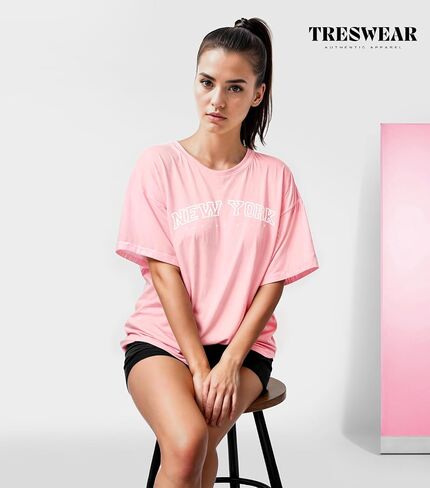 تي شيرت نسائي كبير الحجم من Treswear - تي شيرت فضفاض برقبة دائرية وأكمام قصيرة، بلوزة صيفية كاجوال، تي شيرت أساسي مريح in Kuwait