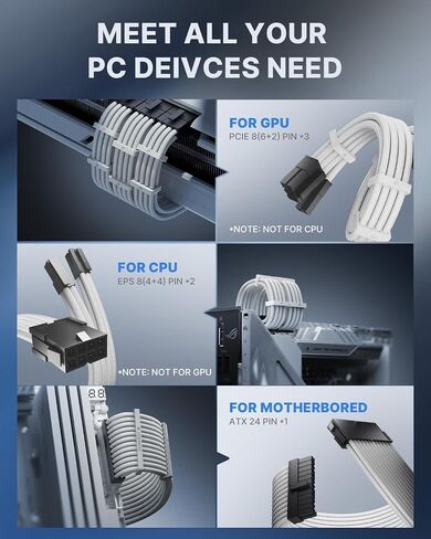 AsiaHorse Power Supply Sleeved Cable, 16 AWG PSU Extension Cable Kit of White Connector, 1x24Pin/2x4+4 EPS/3x6+2 PCI-E, 30cm Length with Combs-White in Kuwait