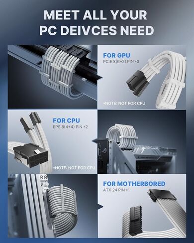 AsiaHorse Power Supply Sleeved Cable, 16 AWG PSU Extension Cable Kit of White Connector, 1x24Pin/2x4+4 EPS/3x6+2 PCI-E, 30cm Length with Combs-White in Kuwait
