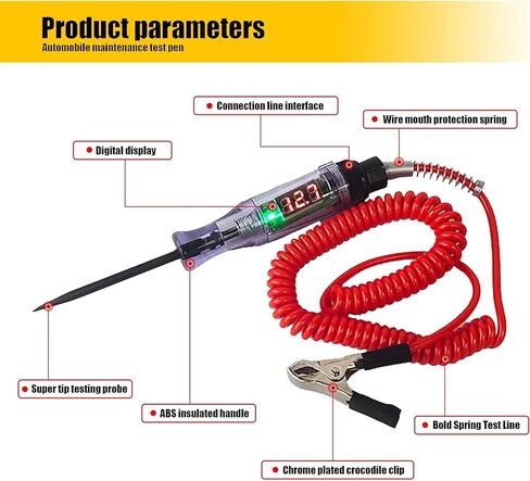 جهاز اختبار دائرة الاختبار الرقمي LED للسيارة Pack-1، قلم اختبار حثي DC 3V/6V/12V/24V مع سلك زنبركي قابل للسحب 70.8 بوصة، لفحص دراجة نارية لشاحنة السيارة (أسود وأحمر) in Kuwait