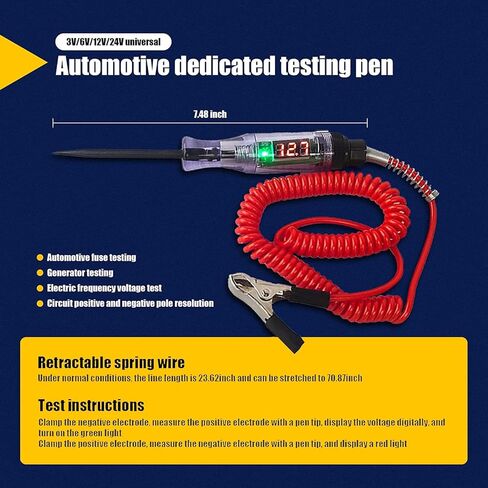 جهاز اختبار دائرة الاختبار الرقمي LED للسيارة Pack-1، قلم اختبار حثي DC 3V/6V/12V/24V مع سلك زنبركي قابل للسحب 70.8 بوصة، لفحص دراجة نارية لشاحنة السيارة (أسود وأحمر) in Kuwait