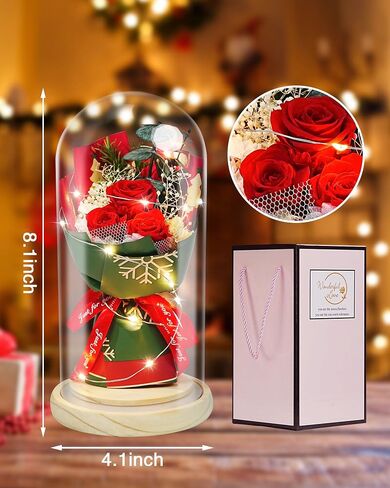 Preserved Flowers Present for Women,Preserved Real Rose Bouquet in Glass with LED Light,Eternal Roses for Her,Mom,Wife,Grandma as Anniversary,Birthdays,Valentine's Day,Christmas,Mother's Day in Saudi Arabia