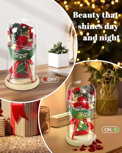 Preserved Flowers Present for Women,Preserved Real Rose Bouquet in Glass with LED Light,Eternal Roses for Her,Mom,Wife,Grandma as Anniversary,Birthdays,Valentine's Day,Christmas,Mother's Day in Saudi Arabia
