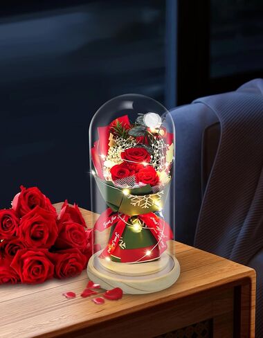 Preserved Flowers Present for Women,Preserved Real Rose Bouquet in Glass with LED Light,Eternal Roses for Her,Mom,Wife,Grandma as Anniversary,Birthdays,Valentine's Day,Christmas,Mother's Day in Saudi Arabia