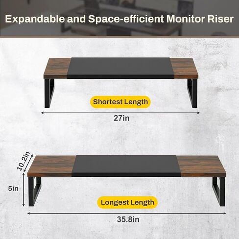 Expandable Dual Monitor Stand for Desk, Wood Monitor Riser Adjustable Length 27'' to 35.8'', Versatile Desktop Shelf for Gaming Computer Screens, Laptop, TV, Printer in Saudi Arabia