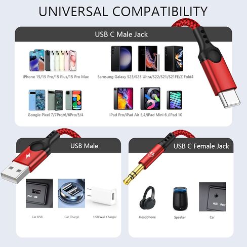 USB C to 3.5mm Aux Cable, 2 in 1 USB C to 3.5mm Car Stereo Aux Headphone Jack Cable with USB C Charging Compatible with iPhone 15/15+/15Pro, Galaxy S23/S22 Ultra/S22/S21/S21FE/S20, Pixel 7/7Pro/6/6Pro in Kuwait