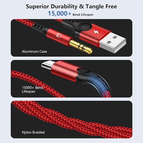 USB C to 3.5mm Aux Cable, 2 in 1 USB C to 3.5mm Car Stereo Aux Headphone Jack Cable with USB C Charging Compatible with iPhone 15/15+/15Pro, Galaxy S23/S22 Ultra/S22/S21/S21FE/S20, Pixel 7/7Pro/6/6Pro in Kuwait