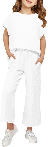 Haloumoning Girls' Clothing Sets Kids Fashion Short Sleeve Crew Neck Tops Wide Leg Pants Sweatsuit with Pocket 5-14Y in Kuwait