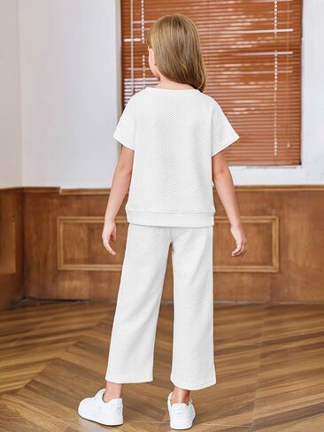 Haloumoning Girls' Clothing Sets Kids Fashion Short Sleeve Crew Neck Tops Wide Leg Pants Sweatsuit with Pocket 5-14Y in Kuwait