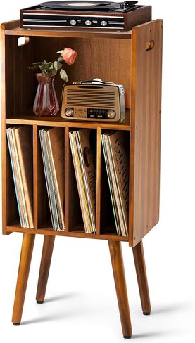 حامل مشغل الأسطوانات الخشبي 2BHOME، طاولة حامل تخزين أسطوانات الفينيل مع 4 خزائن، تحمل ما يصل إلى 100 LPs، حامل منظم أسطوانات الفينيل المعدني، تصميم كلاسيكي للملفات/الكتب (حديث منتصف القرن) in Kuwait
