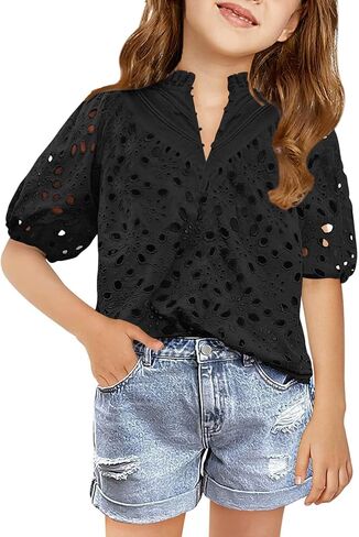 Haloumoning Girls Shirts Puff Sleeve V Neck Tops Summer Cute Hollow Out Dressy Blouses 5-14 Years in Saudi Arabia