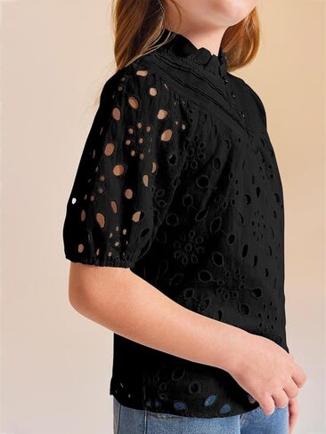 Haloumoning Girls Shirts Puff Sleeve V Neck Tops Summer Cute Hollow Out Dressy Blouses 5-14 Years in Saudi Arabia
