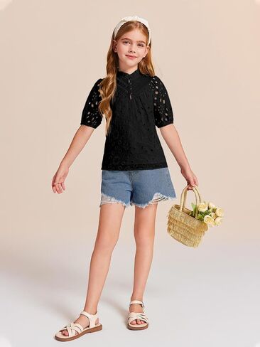 Haloumoning Girls Shirts Puff Sleeve V Neck Tops Summer Cute Hollow Out Dressy Blouses 5-14 Years in Saudi Arabia