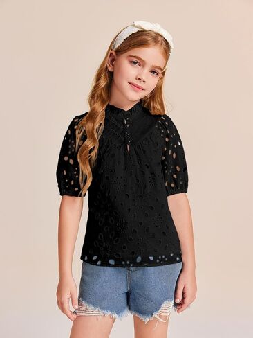 Haloumoning Girls Shirts Puff Sleeve V Neck Tops Summer Cute Hollow Out Dressy Blouses 5-14 Years in Saudi Arabia