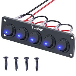 Twidec/5 Gang Round Dot Lighted Rocker Switch Toggle Metal Panel with 20A 12V DC ON/Off SPST Switch Control for Car Or Boat Blue LED Light KCD2-102N-BU-X-5gang