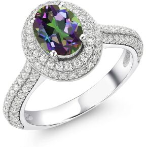 Gem Stone King 925 Sterling Silver 8X6MM Oval Gemstone Birthstone and White Moissanite Halo Engagement Ring | Wedding Anniversary Promise Ring For Women | Size 5,6,7,8,9