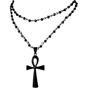 Gothic Bead Coptic Ankh Cross Necklace, Stainless Steel Ankh Cross Pendant, Black Gothic Layered Choker Necklace for Women.