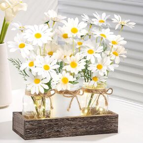 Warmtree Mason Jar Lights ديكورات طاولة مركزية لطاولة القهوة في المزرعة وصينية خشبية 3 برطمانات زهور وإضاءة LED لغرفة الطعام والحمام والمطبخ وديكور الصيف (أبيض) in Kuwait