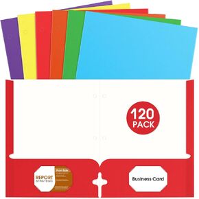 Folders with Pockets, 2 Pocket Folders Bulk (120 Pack, Assorted Colors), Paper Folders with Pockets 3 Hole Punched with Business Card Slot, Letter Size, File Folders for School Office Home