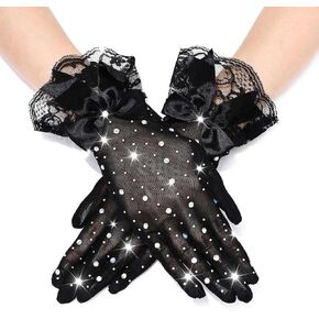BARTOSI Rhinestone Short Gloves Black Ruffled Tulle Mesh Gloves Bow Wrist Lace Gloves Evening Party Tea Party Bridal Gloves for Women