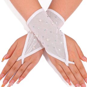 Glitter Rhinestones Fingerless Gloves Mesh Pearl Sheer Gloves Short Party Wrist Gloves for Women and Girls